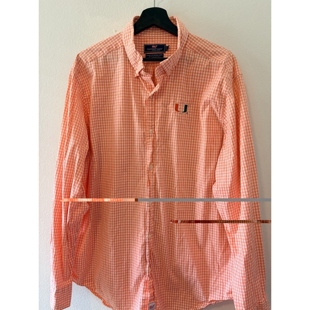 Vineyard Vines Murray Shirt Men's XXL Orange Gingham Check Miami Hurricanes U